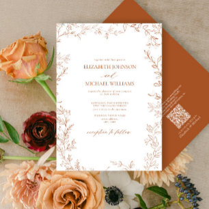 QR-code Elegant Minimal Leaf Burnt Oranje Wedding Kaart