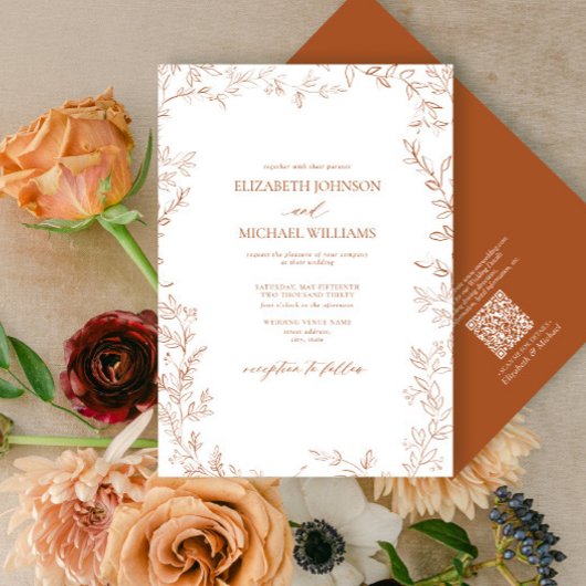 QR-code Elegant Minimal Leaf Burnt Oranje Wedding Kaart