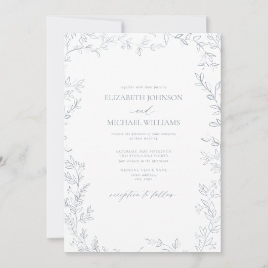 QR-code Elegant Minimal Leaf Dusty Blue Wedding Kaart (Voorkant)
