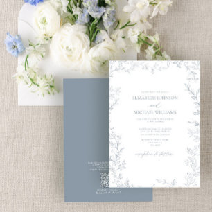 QR-code Elegant Minimal Leaf Dusty Blue Wedding Kaart