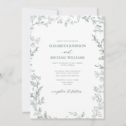 QR-code Elegant Minimal Leaf Emerald Green Wedding Kaart (Voorkant)