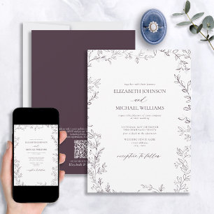 QR-code Elegant Minimal Leaf Plum Paars Wedding Kaart