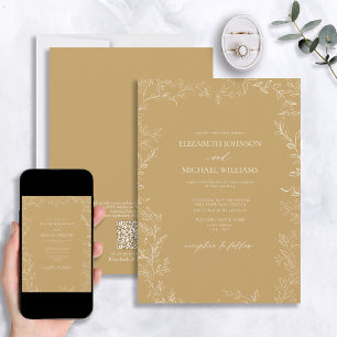 QR-code Elegant Modern Gold Minimal Leaf Wedding Kaart