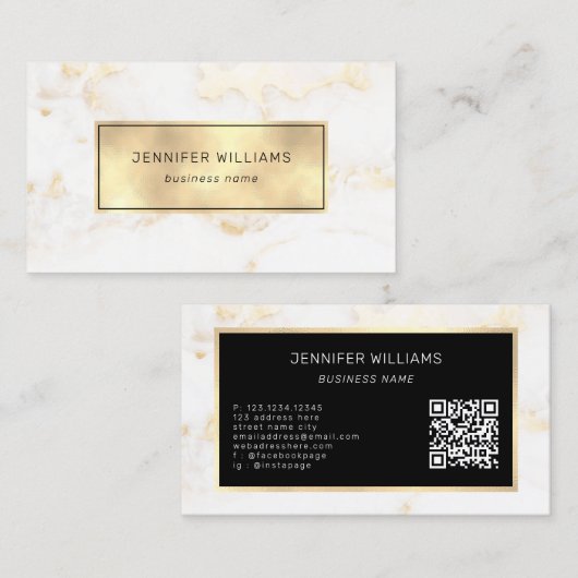 QR Code Elegant Modern Goud Wit Marmer Visitekaartje (Voorkant / Achterkant)