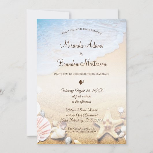 QR Code Elegant Modern Starfish Beach Wedding Kaart (Voorkant)