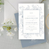 QR Code Elegant Monogram Stoffig Blauw Bloemlijn Kaart