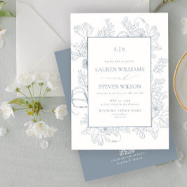 QR Code Elegant Monogram Stoffig Blauw Bloemlijn Kaart