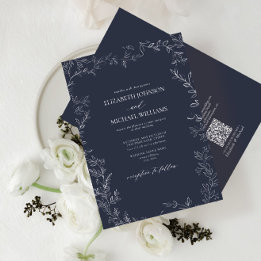QR-code Elegant Navy Blue Minimal Leaf Wedding Kaart