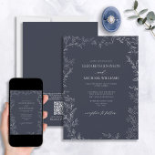 QR-code Elegant Navy Blue Minimal Leaf Wedding Kaart