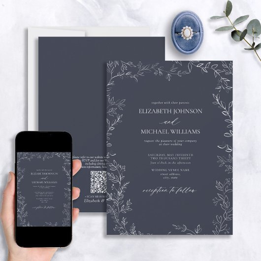 QR-code Elegant Navy Blue Minimal Leaf Wedding Kaart