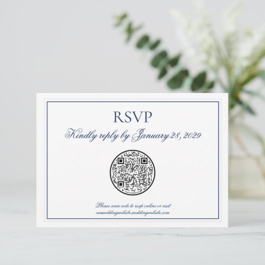 QR-code Elegant Navy Blue Weddenschap RSVP (Staand voorkant)