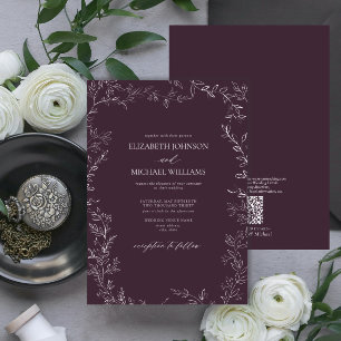 QR-code Elegant Plum Paars Minimal Leaf Wedding Kaart