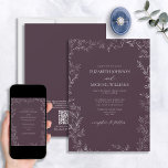 QR-code Elegant Plum Paars Minimal Leaf Wedding Kaart<br><div class="desc">Maak je grote dag onvergetelijk wanneer je onze QR-code uitstuurt.. een elegante moderne Paarse uitnodiging tot het uitzenden van een minimaal leverbaar. Deze verfijnde uitnodiging is zeker om een verklaring af te leggen met zijn elegante formele paarse en witte vormgeving, met een delicaat handgetekende bladzijden en handgeschreven scripttypografie in dezelfde...</div>