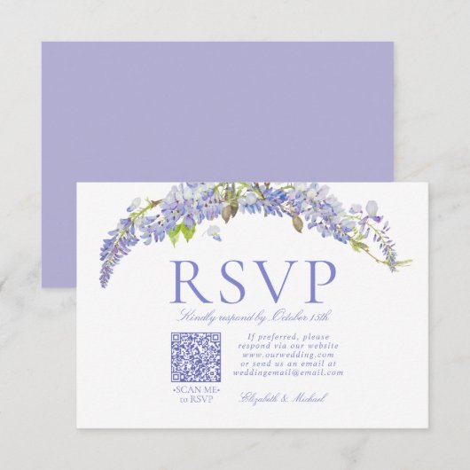 QR Code Elegant Purple Wisteria Script Formal RSVP Kaartje (Voorkant / Achterkant)