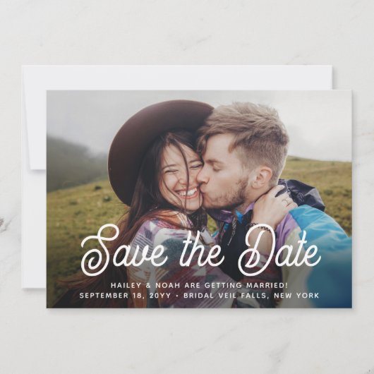 QR Code Elegant Retro Script Twee foto bruiloft Save The Date (Voorkant)