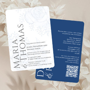 QR Code Elegant RSVP Online Stoffig Blauw Bloemen Kaart