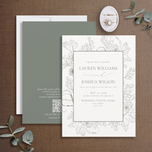 QR-code Elegant Sage Green Floral Line Art Weddens Kaart
