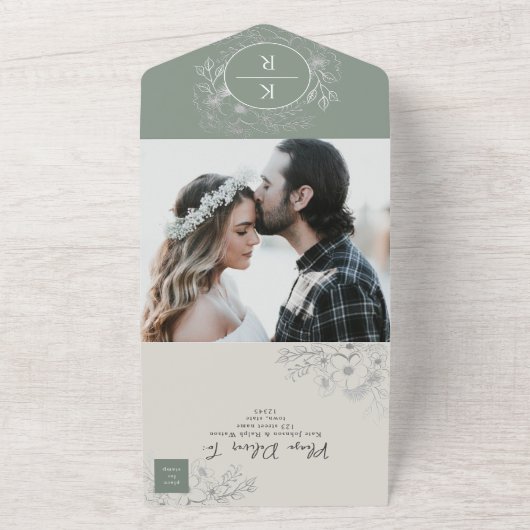 QR Code Elegant Sage Green Wedding All In One Uitnodiging (Buitenkant)