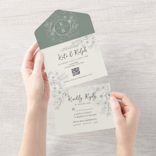 QR Code Elegant Sage Green Wedding All In One Uitnodiging (Afscheurbaar)