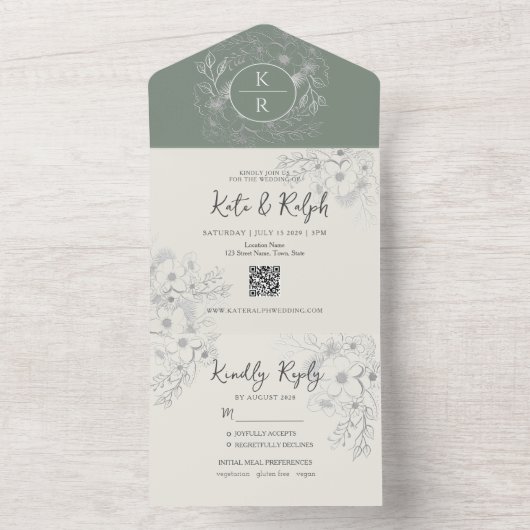 QR Code Elegant Sage Green Wedding All In One Uitnodiging (Binnen)