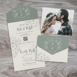 QR Code Elegant Sage Green Wedding All In One Uitnodiging