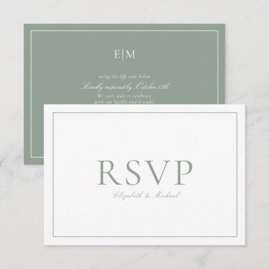 QR Code Elegant Sage Groen Monogram Bruiloft RSVP Kaartje (Voorkant / Achterkant)