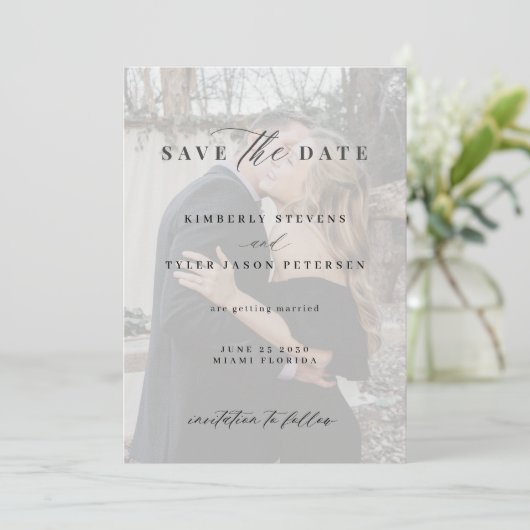 QR code elegant script zwarte witte foto bruiloft Save The Date (Staand voorkant)