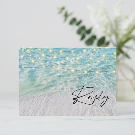 QR Code Elegant Seaside String Lights Beach RSVP Kaartje (Staand voorkant)
