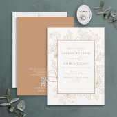 QR-code Elegant Terracotta Floral Line Art Wedding Kaart