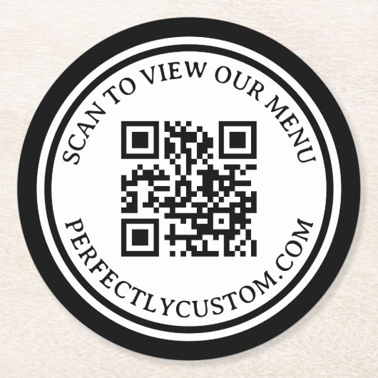 QR code elegant text uitzicht menu zwart dubbel gr Ronde Kartonnen Onderzetter (Voorkant)