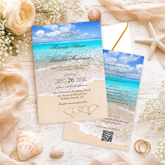 QR Code Elegant Tropisch Strand Bruiloft All in On Kaart