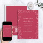 QR Code Elegant Vivid Magenta Minimal Leaf Wedding Kaart<br><div class="desc">Maak uw grote dag onvergegeteld wanneer u onze QR-code elegante moderne, levendige magenta met minimale uitnodiging tot uitwijking van het leder-huwelijk verstuurt. Deze verfijnde uitnodiging is zeker om een verklaring af te leggen met zijn elegante, formele, levendige magenta & white design, met een delicaat handgetekende bladzijden en handgeschreven scripttypografie in...</div>
