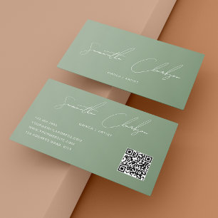QR Code Elegant Volle Saliegroen Handgeschreven Sc Visitekaartje