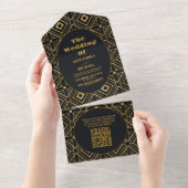 QR Code Elegant Zwart en Goud Art Deco Bruiloft All In One Uitnodiging (Afscheurbaar)