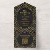 QR Code Elegant Zwart en Goud Art Deco Bruiloft All In One Uitnodiging (Binnen)