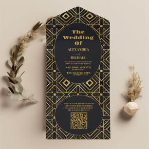 QR Code Elegant Zwart en Goud Art Deco Bruiloft All In One Uitnodiging