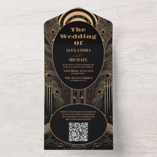 QR Code Elegante Art Deco Peacocks Bruiloft All In One Uitnodiging (Binnen)