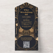 QR Code Elegante Art Deco Peacocks Bruiloft All In One Uitnodiging (Binnen)