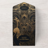 QR Code Elegante Art Deco Peacocks Bruiloft All In One Uitnodiging (Buitenkant)