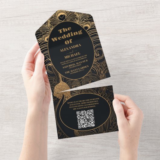 QR Code Elegante Art Deco Peacocks Bruiloft All In One Uitnodiging (Afscheurbaar)