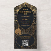 QR Code Elegante Art Deco Peacocks Bruiloft All In One Uitnodiging (Binnen)