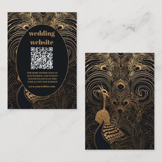 qr code Elegante Art Deco Peacocks Bruiloft Informatiekaartje (Voorkant / Achterkant)