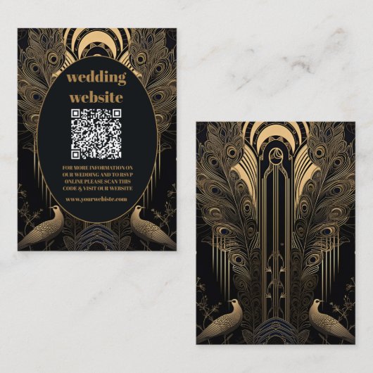 qr code Elegante Art Deco Peacocks Bruiloft Informatiekaartje (Voorkant / Achterkant)