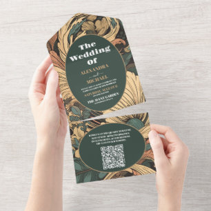 QR-code Elegante Art Nouveau-bloem Huwelijk All In One Uitnodiging