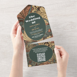 QR-code Elegante Art Nouveau-bloem Huwelijk All In One Uitnodiging