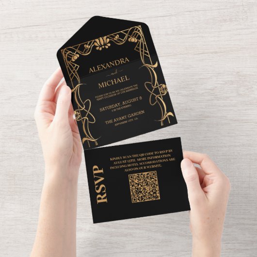 QR Code Elegante Art Nouveau bruiloft All In One Uitnodiging (Afscheurbaar)
