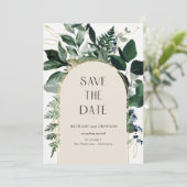 QR-code, Elegante beige botanische gebloemde bruil Save The Date (Staand voorkant)