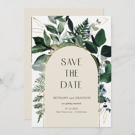 QR-code, Elegante beige botanische gebloemde bruil Save The Date (Voorkant / Achterkant)