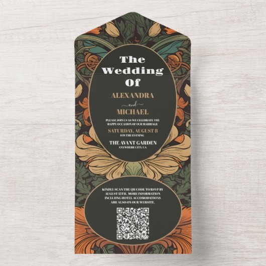 QR Code Elegante Bloemen Art Nouveau Bruiloft All In One Uitnodiging (Binnen)