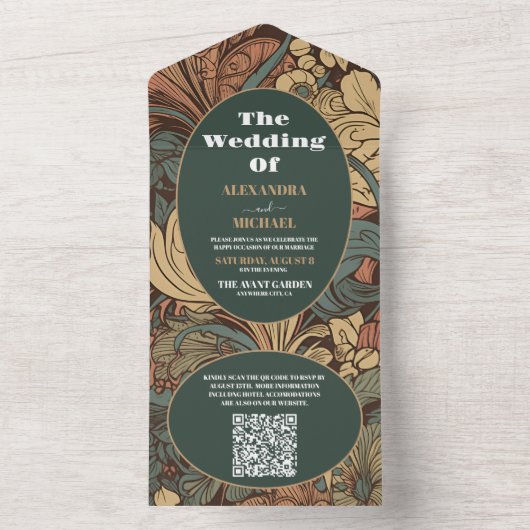 QR Code Elegante Bloemen Art Nouveau Bruiloft All In One Uitnodiging (Binnen)